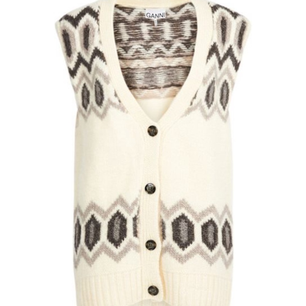 Ganni Patterned Intarsia-Knit Wool Vest